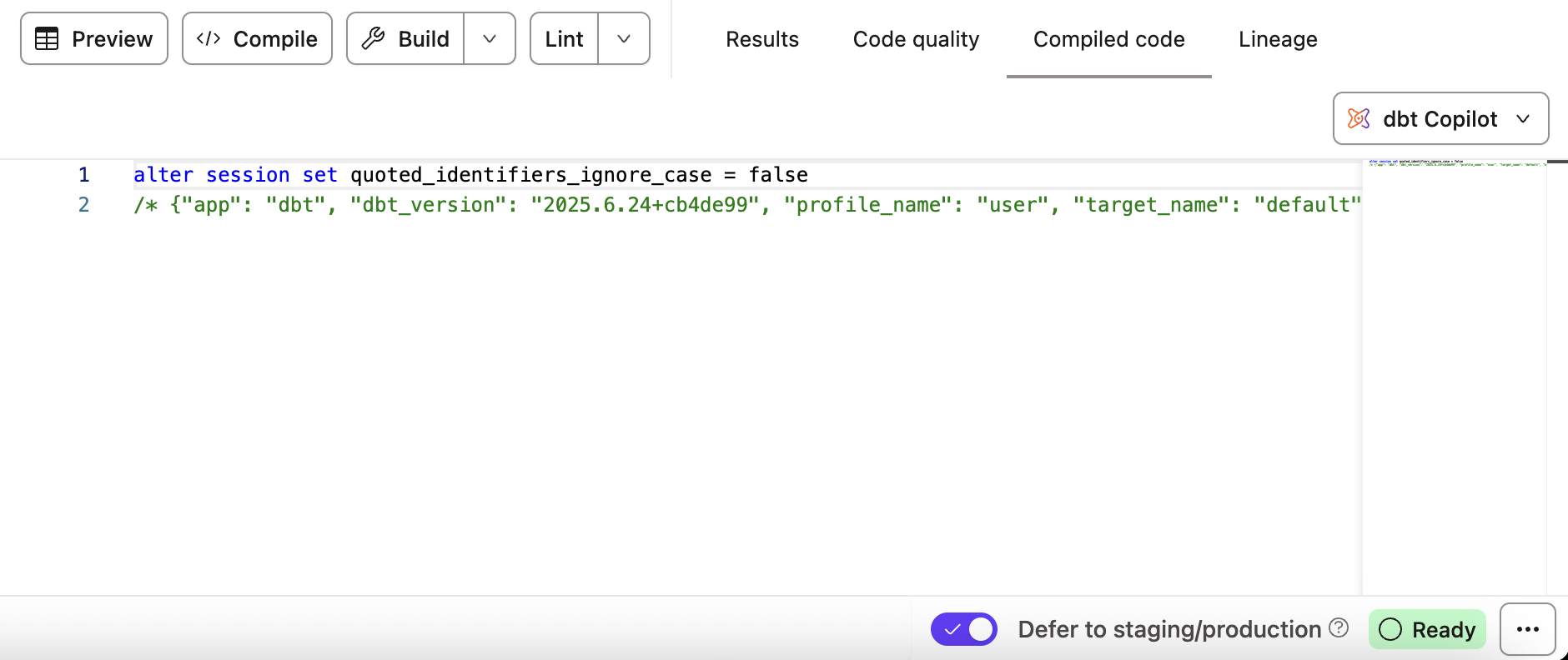 Compile results show up in the Compiled Code tab
