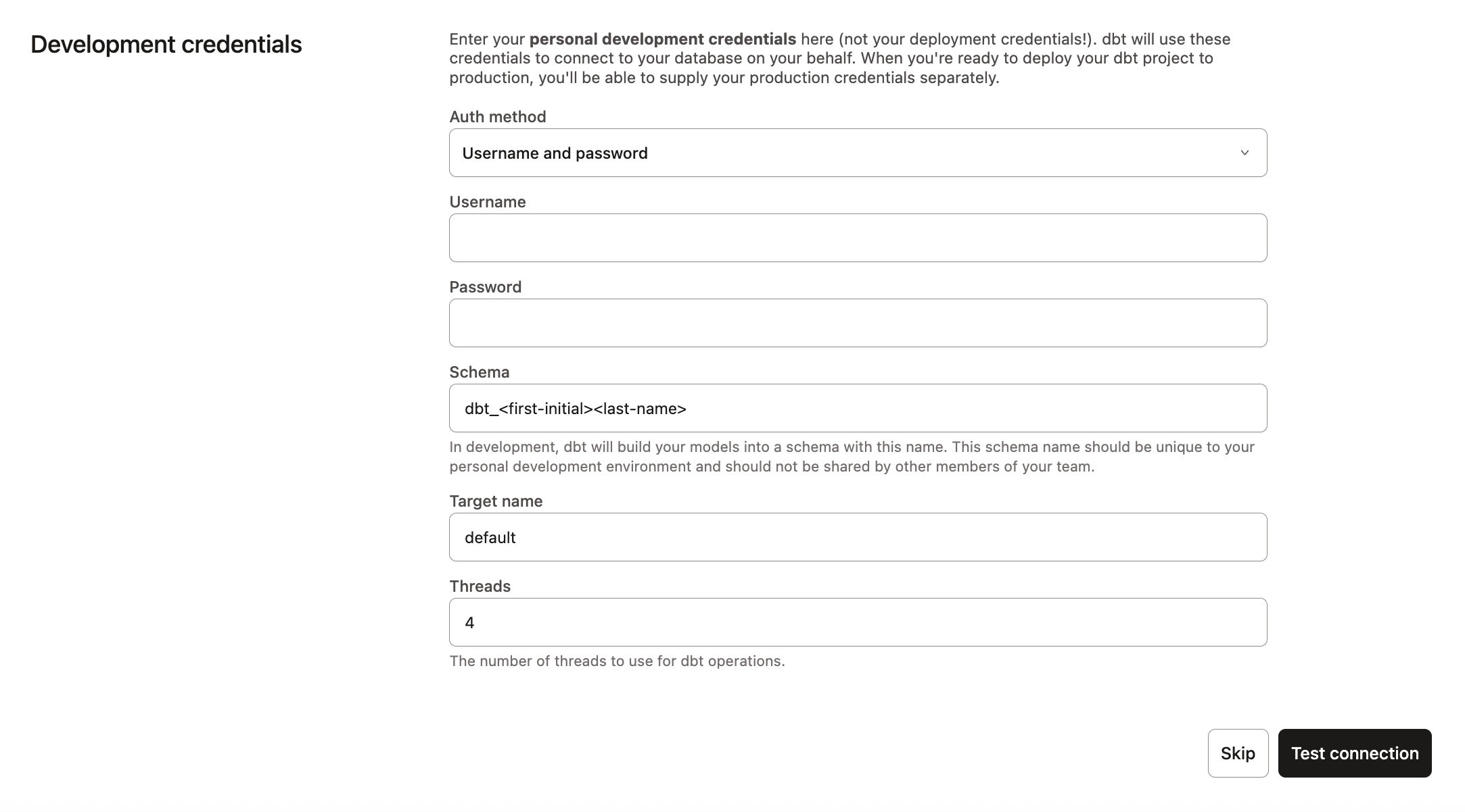dbt - Snowflake Development Credentials